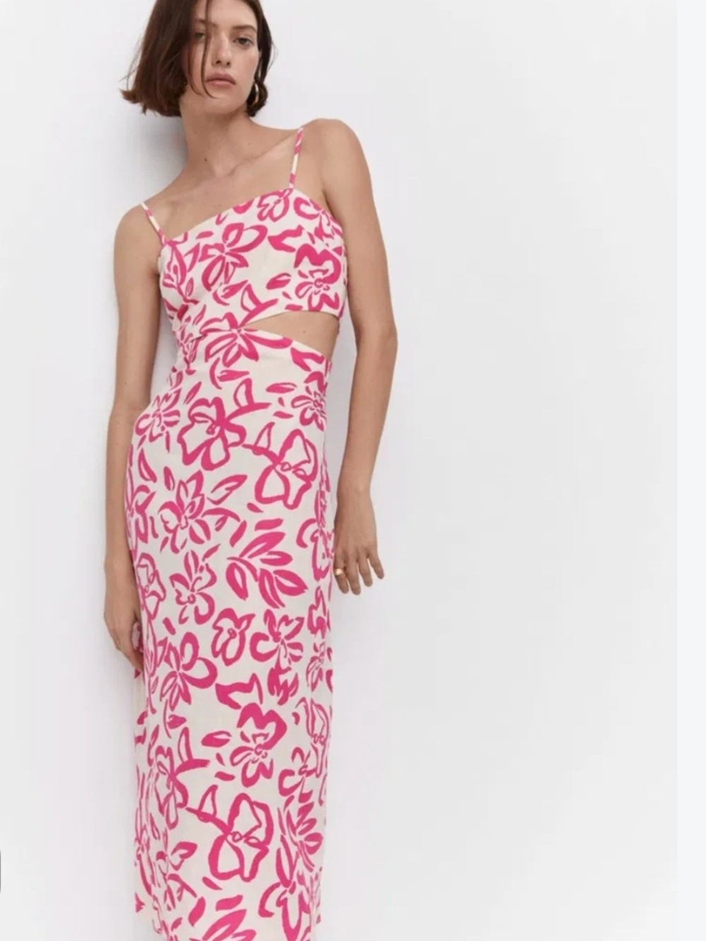 O Mango Linen Blend  Pink Floral Cutout Midi Dress XXL